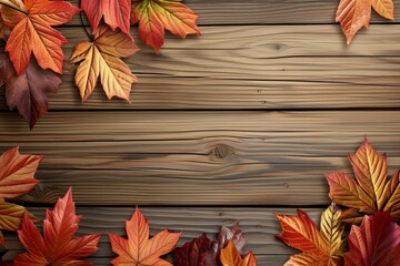 Obraz premium Autumn leaves over wooden background with copy space 
