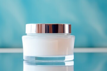 White face and body cream in a glass jar stands on a colorful bright background. Concept of skincare cosmetics for face and body, self-care, banner with copyspace