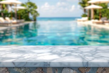Obraz premium Empty white marble stone table top and blurred swimming pool in tropical resort in summer banner background 