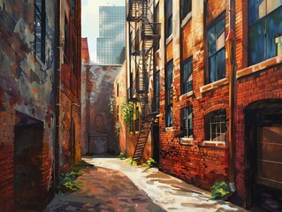 Fototapeta premium Create an oil painting-style panoramic artwork of a quiet urban alleyway