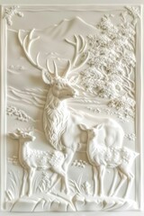 Wall decoration with white relief stucco, family of deer
