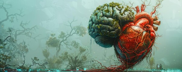 A surreal digital artwork depicting a human heart entangled with a brain, symbolizing the struggle between emotion and rational thought in decisionmaking