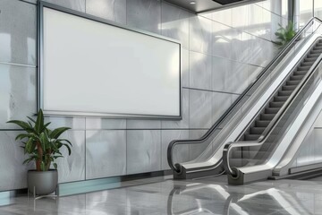  Blank horizontal big poster in public place. Billboard mockup near to escalator in an mall, shopping center, airport terminal, office building or subway station. 3D rendering. 