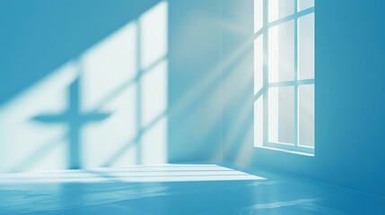 Cross shadow on the wall in empty room with window and rays of light. 3D Rendering