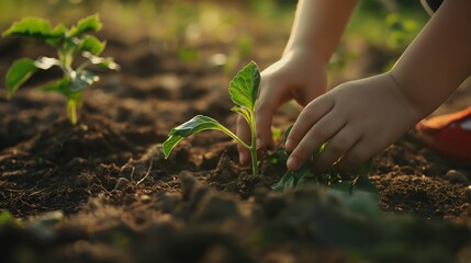 Kid child hands take care of plant vegetables on soil ground sun light shine through