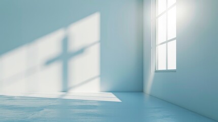 White empty room with window and rays of light, cross shadow on the wall. 3d rendering