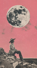 girl in a hat Under the moon.Minimal creative nature and fashion concept.