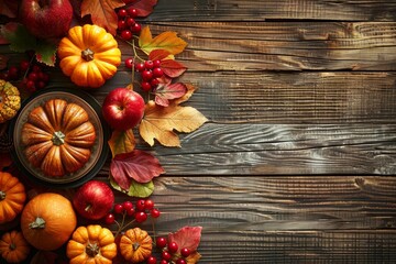 Autumn background from fallen leaves and fruits with vintage place setting on old wooden table. Thanksgiving day concept 