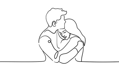 Man hugs girl continuous line art drawing isolated on white background. Sadness, support, sympathy, help, love. Vector illustration