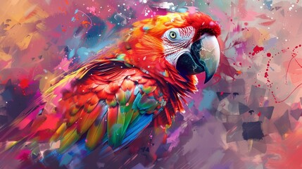 Vibrant abstract parrot portrait with an explosion of red and blue tones infused with dynamic elements