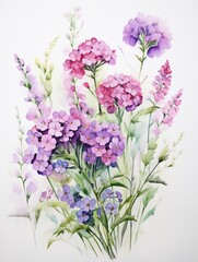 Fototapeta premium Fresh and airy watercolor painting of freesias and asters, blooms signifying friendship set against a serene white backdrop , against pur white background
