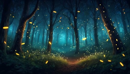 Fireflies dancing among the trees in a magical for
