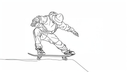 Olympic Sports. Skateboarding. Sketch of a skater on a skateboard on a white background.  Digital illustration. Continuous line drawing. 