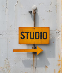 Signpost to the studio with the inscription 'studio".Minimal creative Spacious and urban concept.Flat lay
