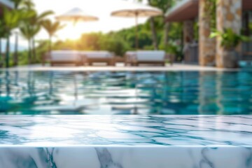  Empty white marble stone table top and blurred swimming pool in tropical resort in summer banner background - can used for display or montage your products. 