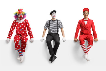 Clown, mime and an entertainer sitting on a blank panel