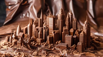 Chocolate city with skyscrapers. Town made of chocolate. Sweet urbanism