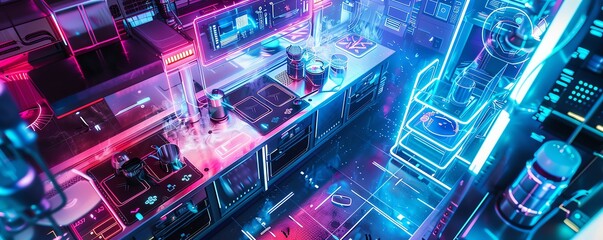 Illustrate a future chef using holographic culinary tools to create a dish in a high-tech kitchen lab Employ a close-up shot from a unique overhead angle