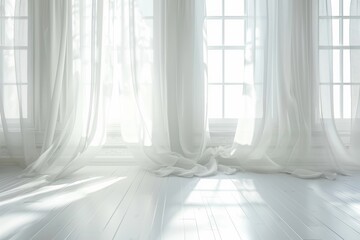  Backlit window with white curtains in empty room - Powered by Adobe