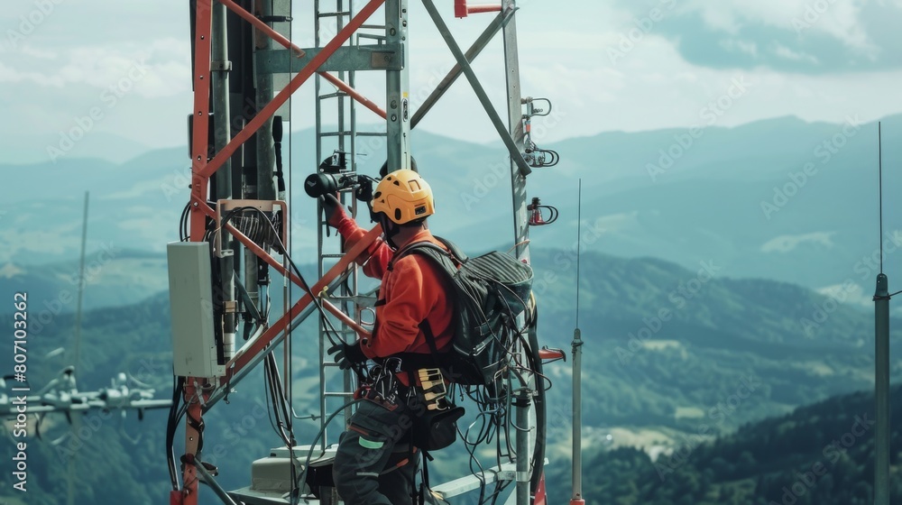 Poster a telecommunications technician performing maintenance on a signal tower, ensuring continuous servic