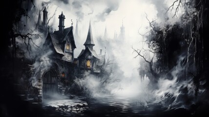 A dark and mysterious haunted house.