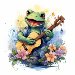 A watercolor painting of a green frog playing the guitar with a big smile on its face. The frog is wearing a blue shirt and there are flowers and water droplets all around it.