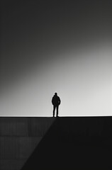 Minimalistic black and white photograph of a man walking on the edge of a building.Minimal creative urban and risk concept.
