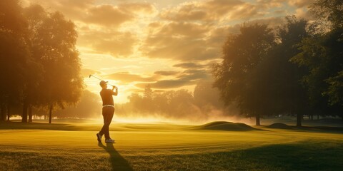 A lone golfer swinging a club on a serene golf course during a misty sunrise