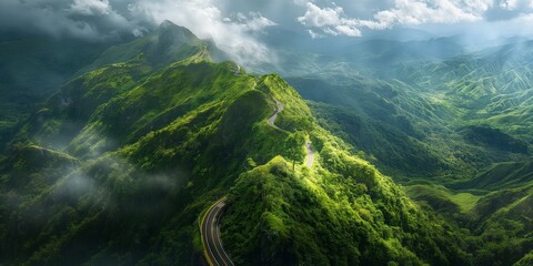 Breathtaking landscape of a winding road cutting through a vibrant green mountain range under a cloudy sky - Powered by Adobe