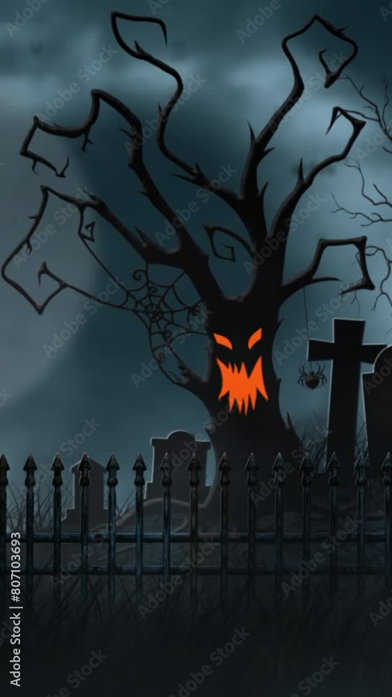 Wall mural vertical halloween animated scary tree silhouette background 4k loop features a landscape with a cem