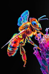 Fototapeta premium flat honey bee, mysthic colours, black background