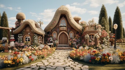 Fototapeta premium Thatched roof cottage with a stone path leading up to it. The cottage is surrounded by flowers and greenery.
