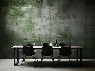 The image is a dark green concrete wall with a wood table and chairs in front of it