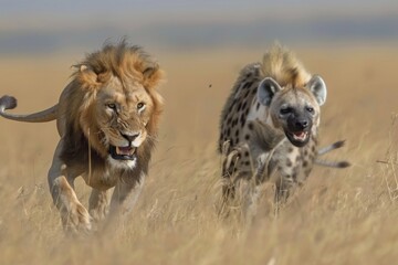 lion pounced to the running hyena.