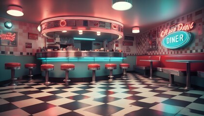 A retro diner background with checkered floors and upscaled 16