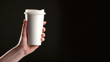 A girl holds a glass of tea with her beautiful fingers. Cup of coffee with a lid in a woman's hand on a dark background. Drink mug with space for branding or logo placement.
