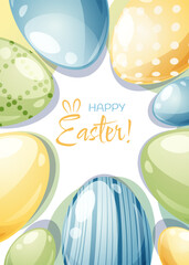 Easter greeting card template. Poster with Easter eggs. Spring cute holiday illustration