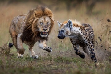 lion pounced to the running hyena.