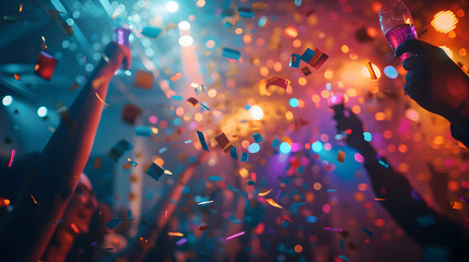 Photo realistic Product Launch Party concept: A company celebrates project goals, bringing employees together in Photo Stock Concept