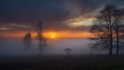 Witness nature's painting, sunset streaks piercing through dense fog, casting an ethereal glow and adding mystique to the evening sky.