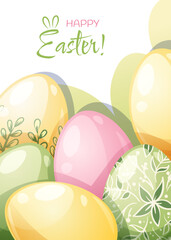 Easter greeting card template. Poster with Easter eggs. Spring cute holiday illustration