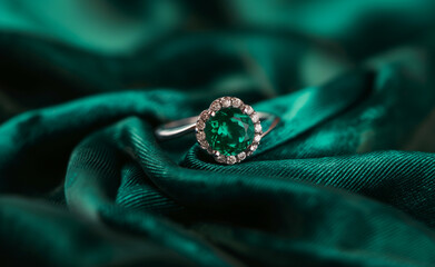 Sparkling emerald ring on a similarly colored velvet background. 
