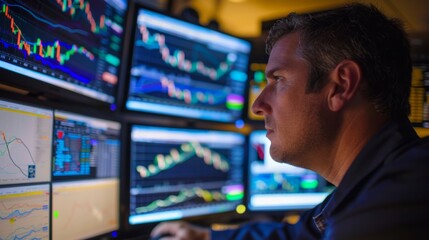 A trader checking stock performance on a desktop computer with multiple monitors displaying graphs and charts, illustrating data-driven investment decisions.