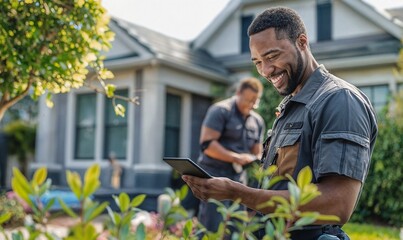 Man using tablet outdoors, landscape, arborist gardener providing a customer quote service using software technology on the job site, modern business owner, foreman, worker