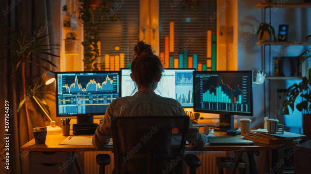 Poster A trader studying gold market charts and graphs in a home office setup, illustrating the convenience of remote trading and analysis.