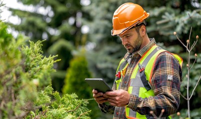 Man using tablet outdoors, landscape, arborist gardener providing a customer quote service using software technology on the job site, modern business owner, foreman, worker