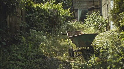 A wheelbarrow sits in a overgrown backyard.