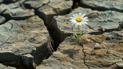 A beautiful flower grows through the cracks in the dry earth, reaching towards the light.
