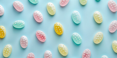 Minimalistic wallpaper background with multicolored Jelly beans in a pastel color palette.