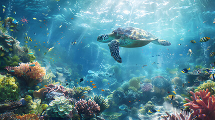 Fototapeta premium Beautiful underwater scenery is revealed, with sunlight penetrating the water and large coral reefs decorating the landscape